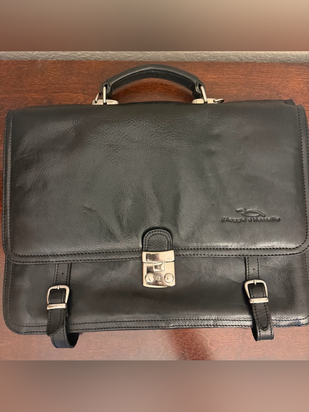 Vintage Maggio & Rosetto Leather Briefcase Black Expendable Bottom No Strap